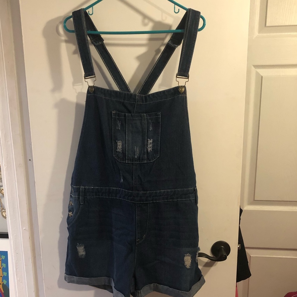 Dark blue denim shortalls, size 18